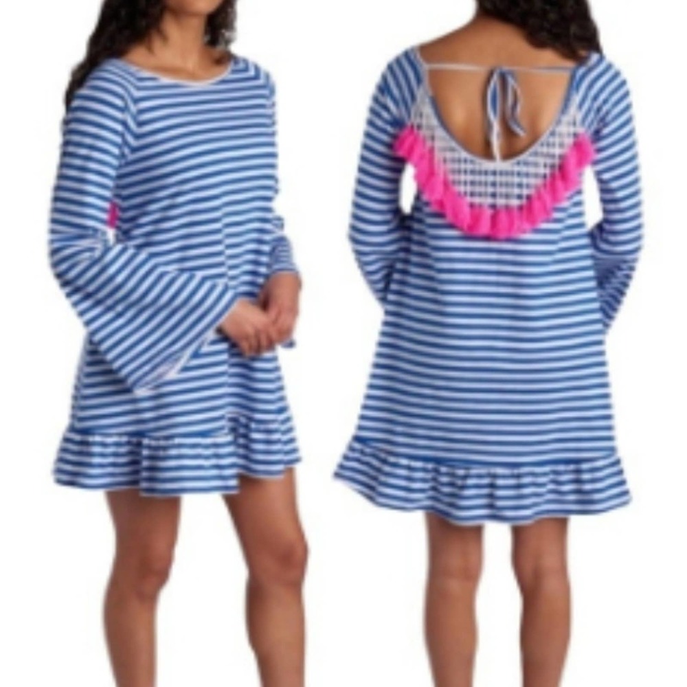 Philosophy Blue and White Striped, Fringe Beaded Tassel, Mini Dress Size XLarge